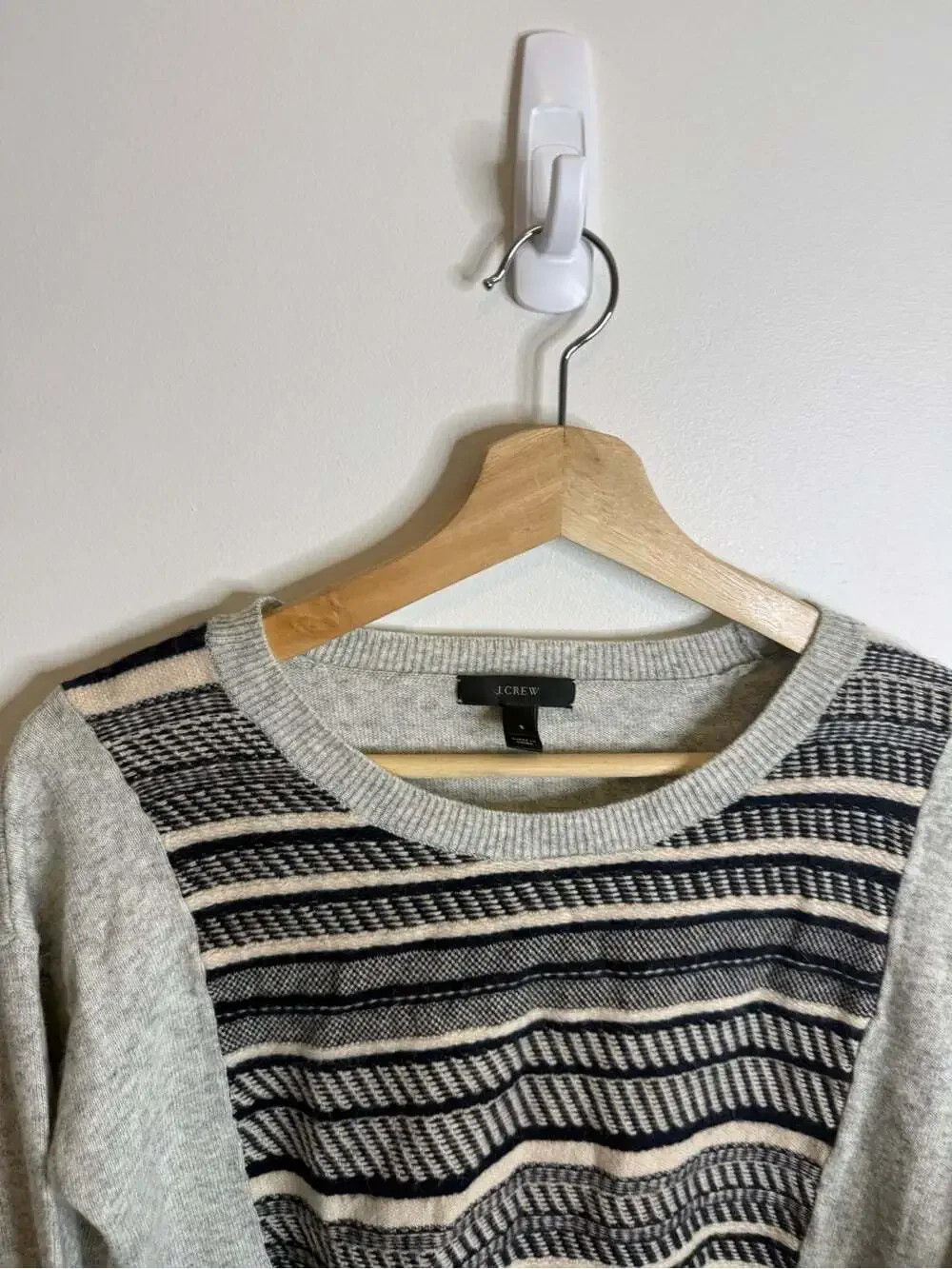 J. Crew Gray Crewneck Sweater with Navy and Cream Stripes wool rabbit hair small